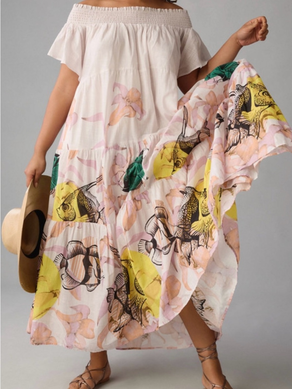 Maeve White Maxi Dress with Yellow, Pink & Green Fish Print